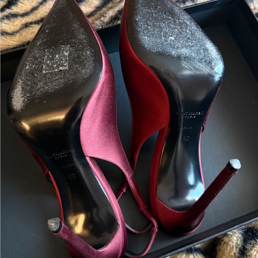 Yves Saint Laurent Burgundy Satin Pointed Slingback Stiletto Heels - Picture 5 of 8